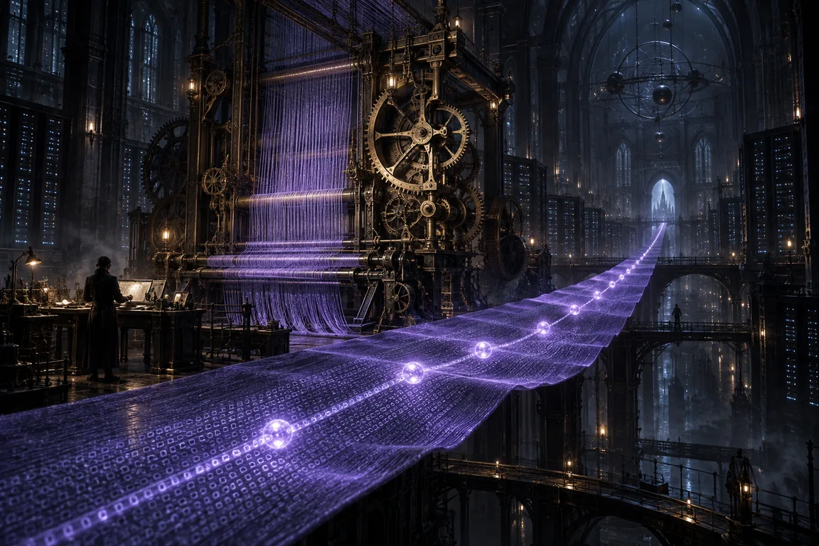 Concept art: a clockwork loom weaving a violet ribbon of hashes